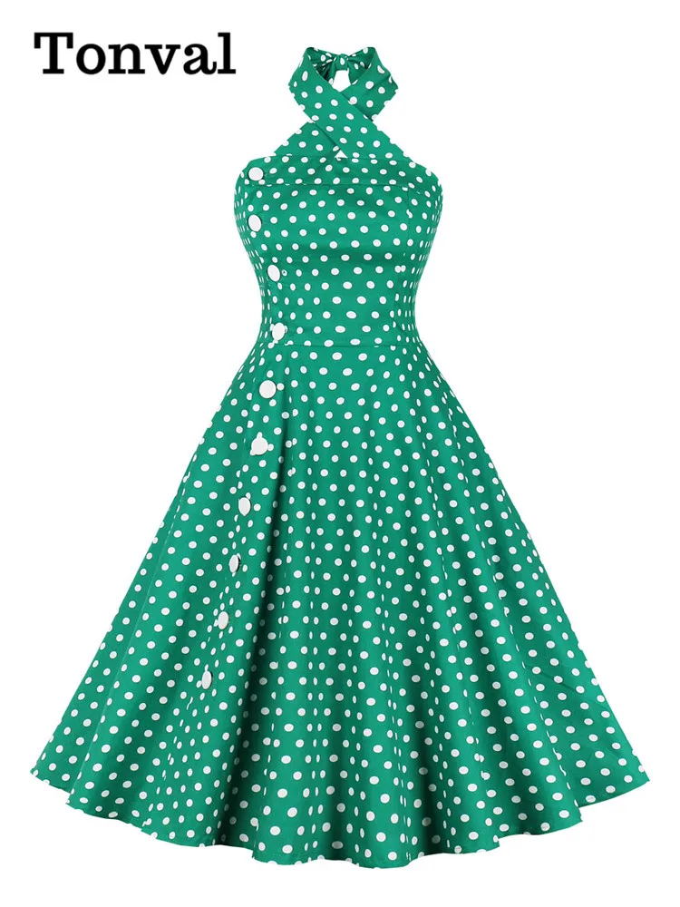 Tonval Criss Cross Halter Neck Single Breasted Polka Dot Vintage Dresses Women Shirred Back Backless Fit and Flare Party Dress