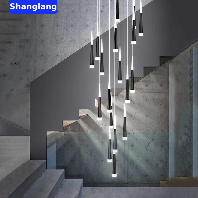 Modern LED Meteor Rain Staircase Chandelier Golden/Black Living Room Hanging Lights Loft Pendant Lamp Nordic Home Decor Lighting