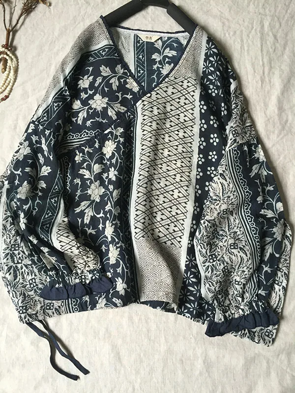 

Женский свободный топ Hanfu с асимметричным принтом из хлопка и льна в стиле ретро в китайском стиле с v-образным вырезом и поясом, весенний сезон