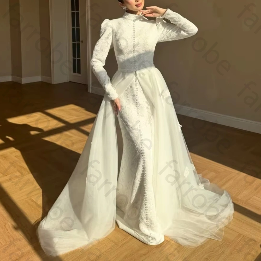 Maßgeschneiderte elfenbeinfarbene Brautkleider mit Fischschwanz und langen Ärmeln, elegantes Brautkleid mit Knopfleiste und Spitze, exquisite, hochwertige Ball- und Partykleider