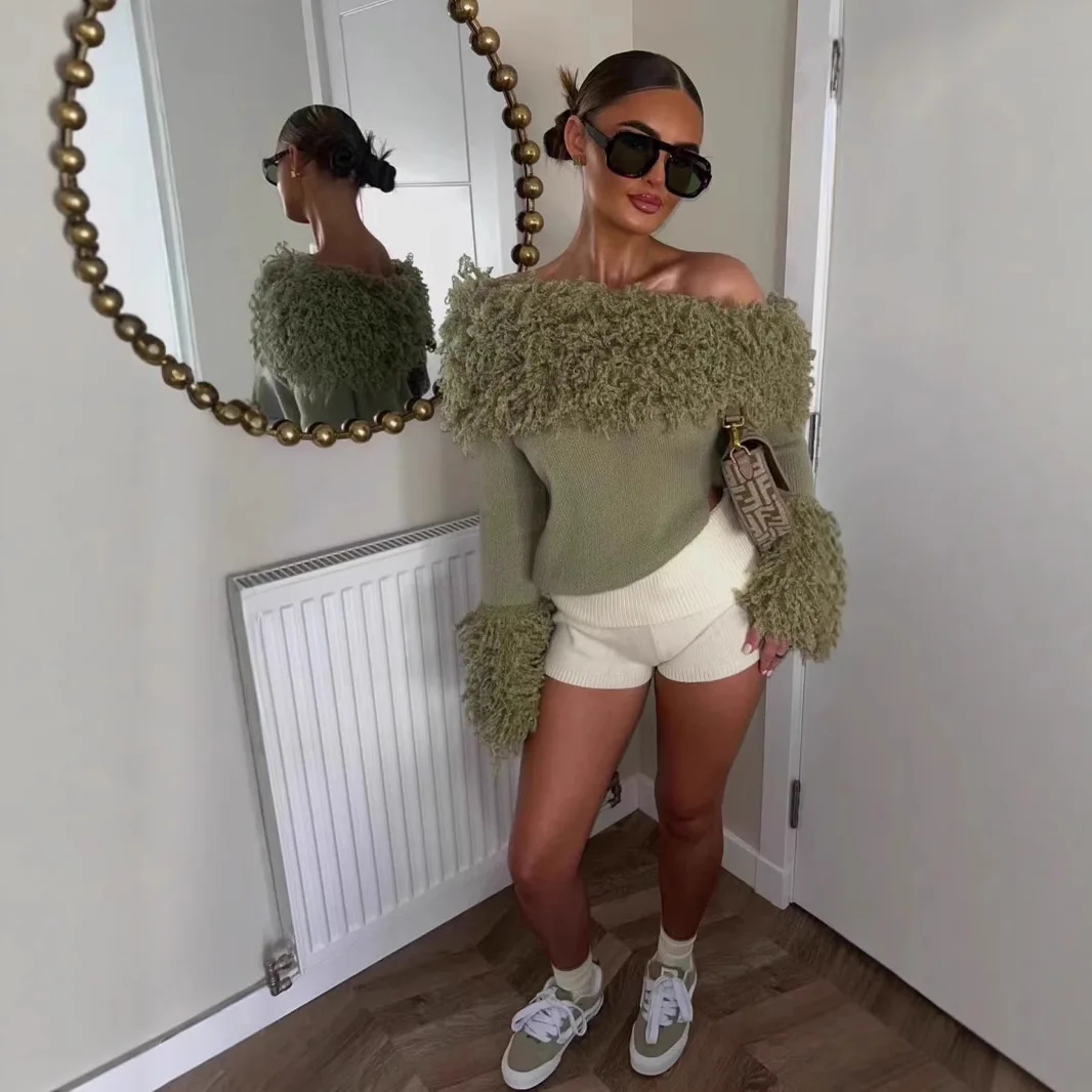DSMTRC Slash Neck Irregular Patchwork Winter Trend Stretch Slim Sexy Tassel Knit Sweater For Women Fashion Wild Street Pullovers