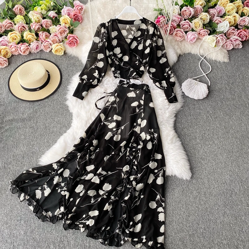 مجموعة الموضة تنورة مع حزام فقاعة كم الخامس الرقبة الشيفون قميص انقسام تنحنح عالية الخصر الشيفون تنورة طويلة قطعتين مجموعة #4