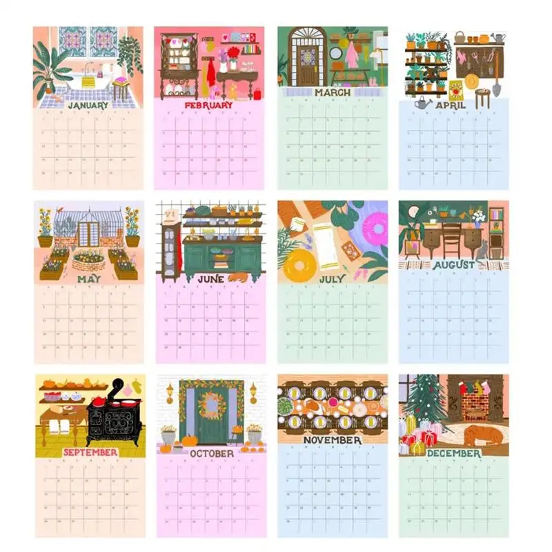 Cute Calendar Hand Painted Animals Plants Monthly Planner Large Ruled Blocks Family Calendar 12 Months Schedule Organizer For