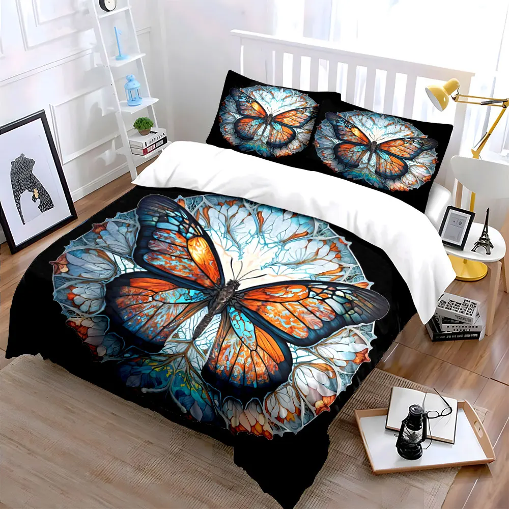 3Pcs Stained Glass Butterfly Mandala Duvet Cover Set, Symmetric Floral Window Art Bedding Single Double King Queen, Gift