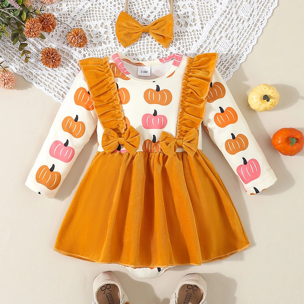 Halloween Pumpkin Romper for Newborn 3PCS Headband Printed Skeleton Long Sleeve Autumn Baby Girl Casual Dress Set Toddler Cloth