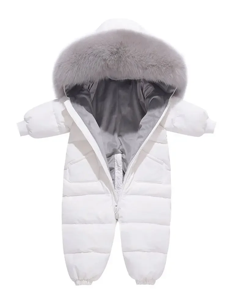 Real Fox Fur Collar Hooded Infant Kids Rompers Winter Duck Down Filling Thick Warm Baby Girls Boys Jumpsuit Children Snowsuit