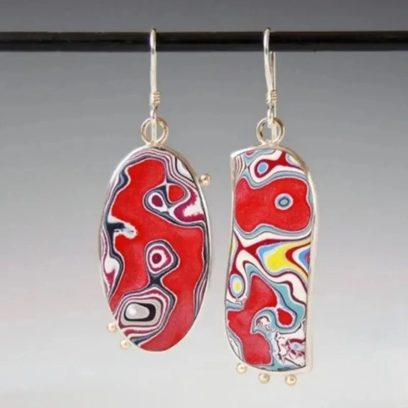 Delicate Geometric Enamel Retro Pendant Earrings For Women Bohemian Style Red Ripple Aesthetic Earrings Fashion Jewelry Gifts