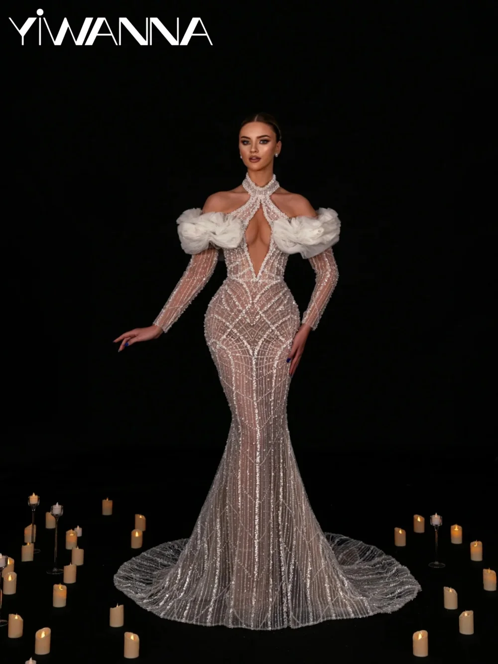 

Captivating Shiny Pearls Halter Wedding Dress Illusion Off Shoulder Bridal Gown Customized Exquisite Mermaid Dresses For Bride