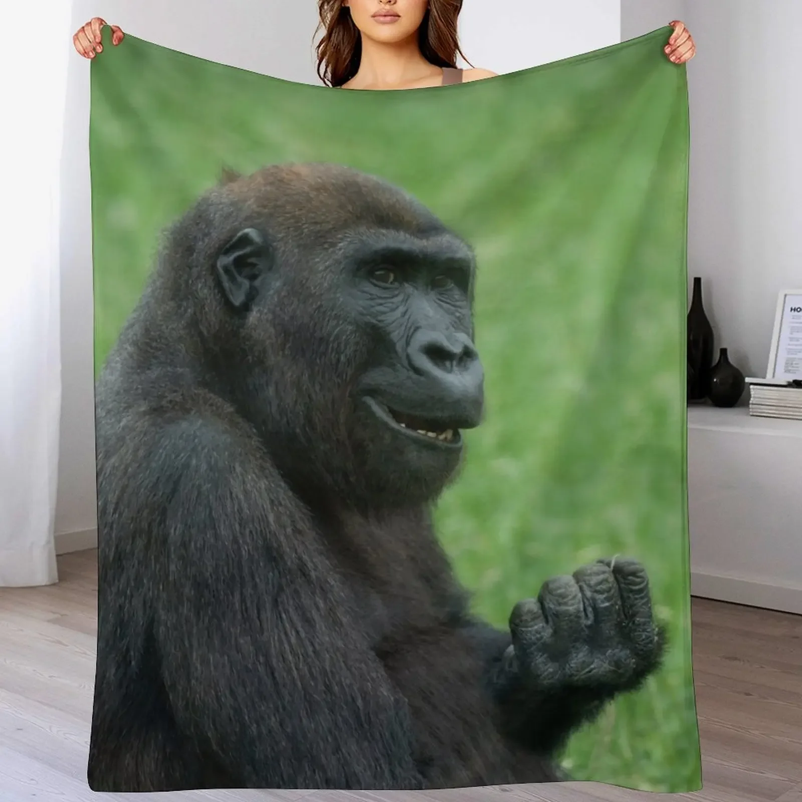 

Gorilla Lope Sitting In The Green Summer Grass Throw Blanket Camping Luxury Designer Blankets For Sofas Blankets