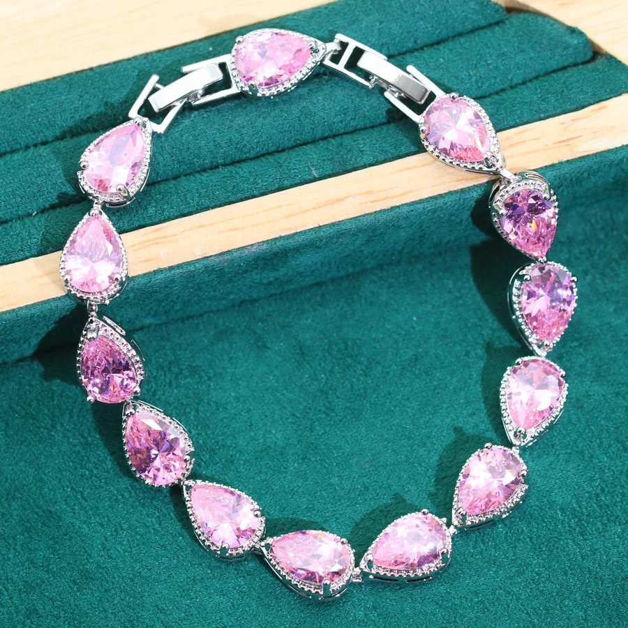 Sweet Pink Zircon Wedding Silver 925 Necklace Jewelry Sets Women Earrings Pendant Ring Bracelet New Year Gift