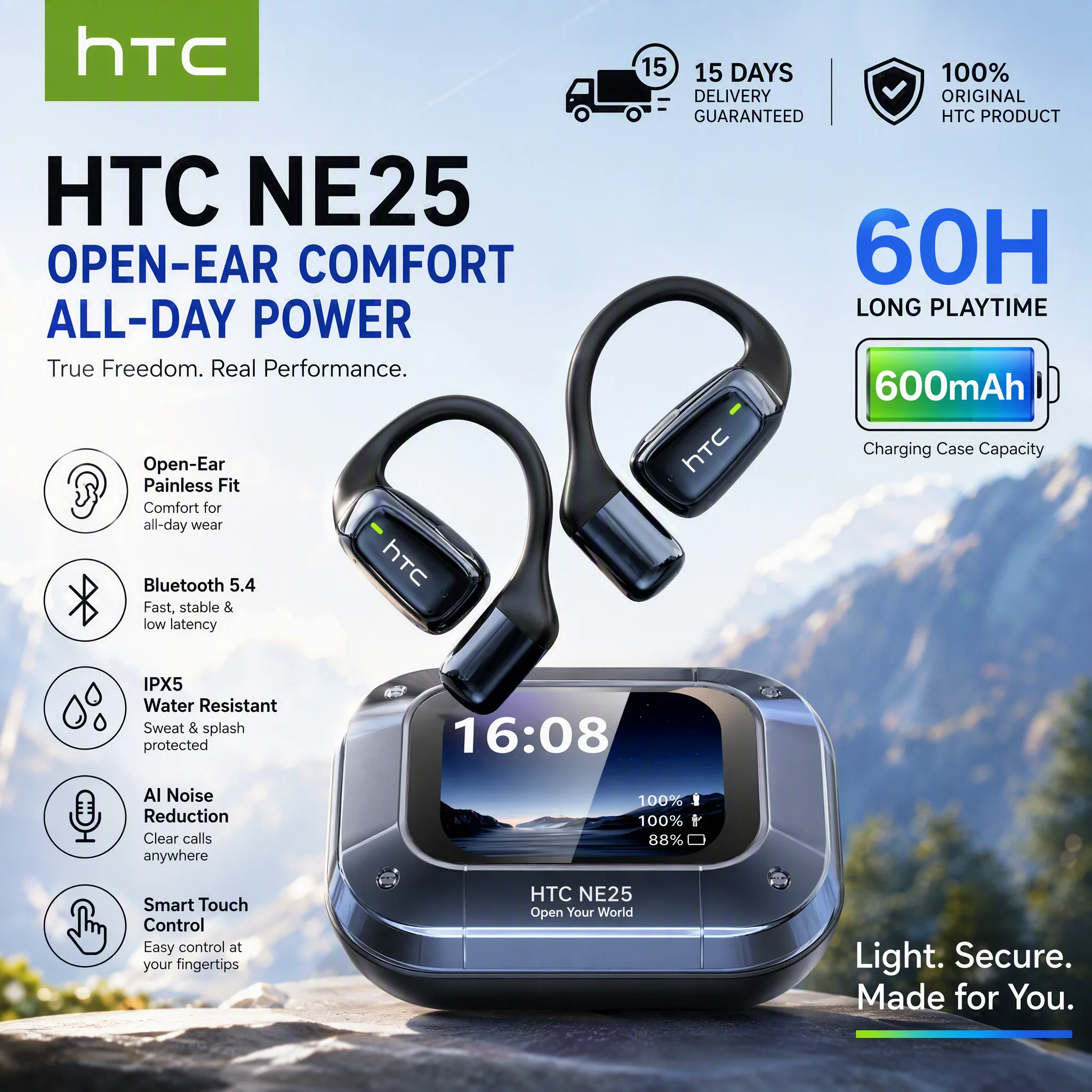 HTC NE25 OWS Earbuds AI Translator LCD Touch Screen Bluetooth 6.0 IPX5 Waterproof Open-Ear Wireless Headphones