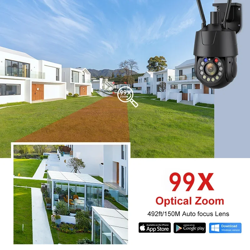 Rscamtom 4K Ultra HD 99X Zoom في الهواء الطلق كاميرا متحركة للرؤية الليلية كامل اللون اتجاهين صوت كاميرا بشكل قبة معدنية الأمن واي فاي