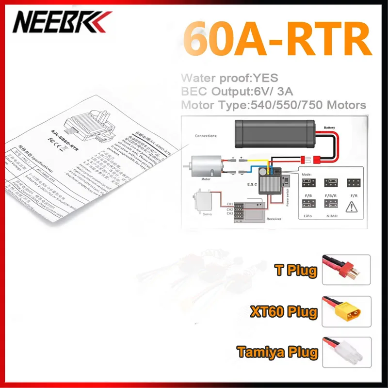 NEEBRC Waterproof 60A Brushed ESC Electronic Speed Controller BEC 6V/3A Built-in 3 Modes for 1/10 RC Car Crawler 540 550 Motor