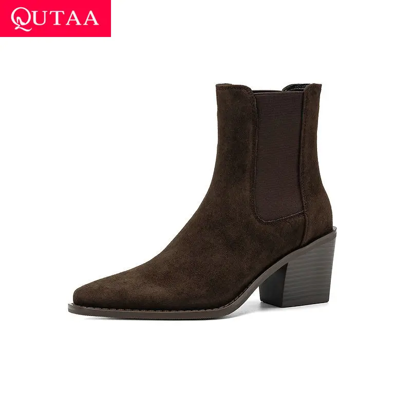 QUTAA 2027 Fashion Cow Suede News Women Ankle Boots Pointed Toe Leather Winter Boots High Heels Shoes Modern Short Boots 34-42