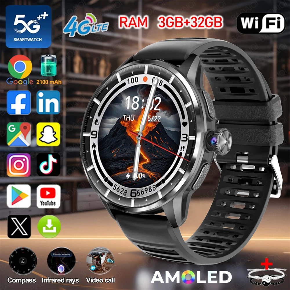 

5G/4G Full Network Infrared Smart Watch 1.60 inch AMOLED Screen Video Call 2100 mAh Google Play WIFI NFC GPS Compass Smartwatch