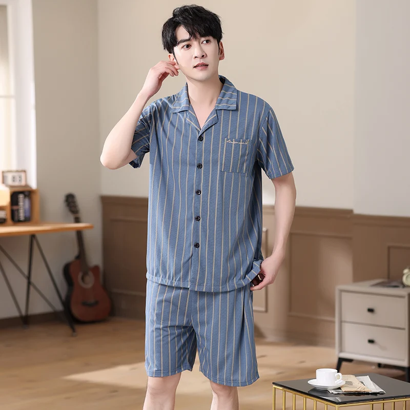 Summer 100%Cotton Men Pajamas Set Striped Pijamas Turn-down Collar Men's Short Sleeve Pyjamas Loose Plus Size 4XL Male Sleepwear