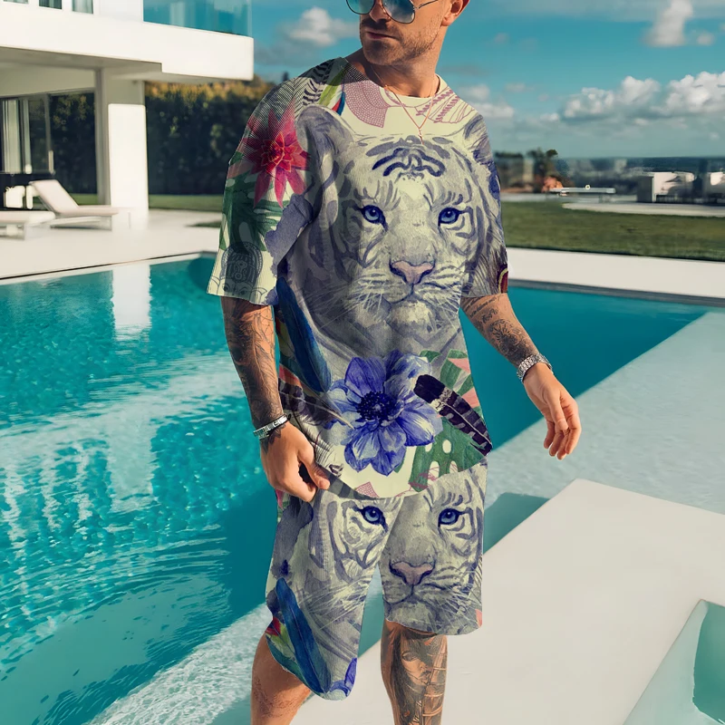 Summer Men's Two-piece Sportswear Fierce Tiger 3D Printed T-shirt Shorts Suit Street Casual T-shirt Top Shorts Clothing 2023