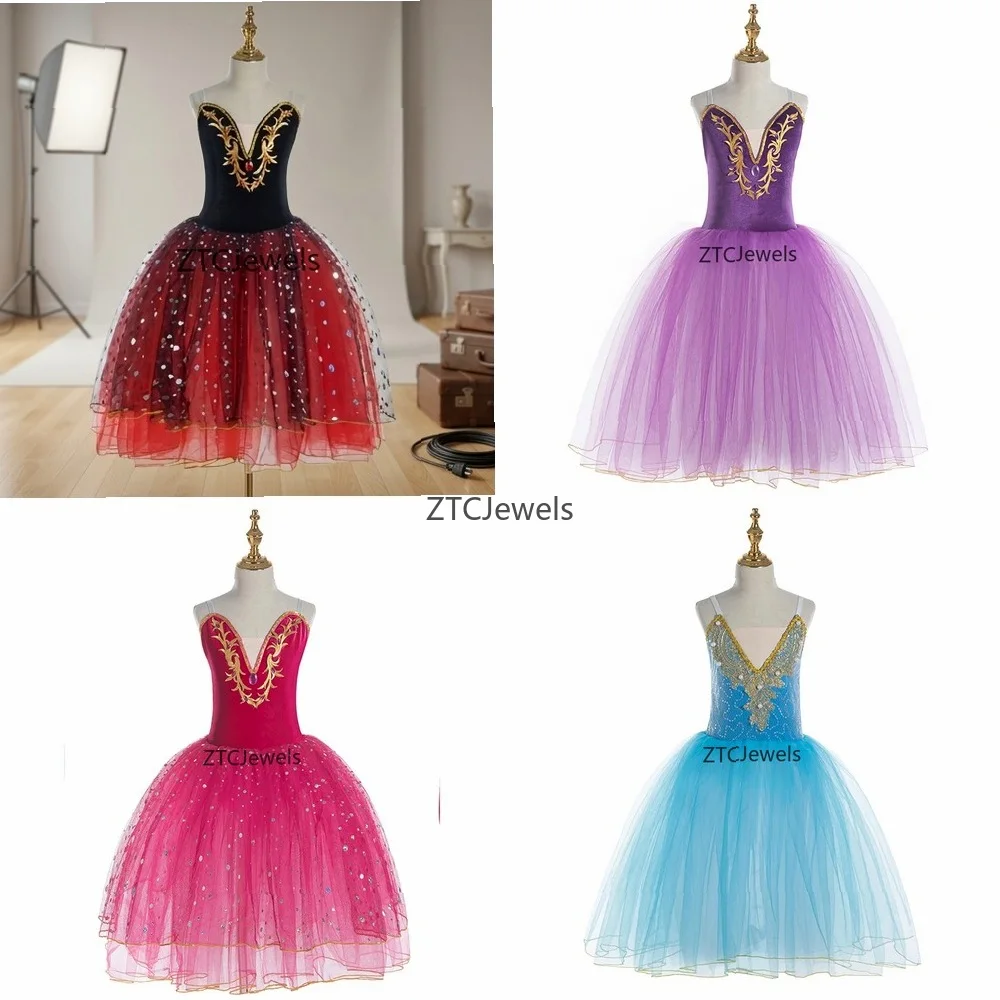 コスプレバレエチュチュドレススパンコール付きレオタードパフォーマンスダンス衣装女の子女性バレリーナスカート