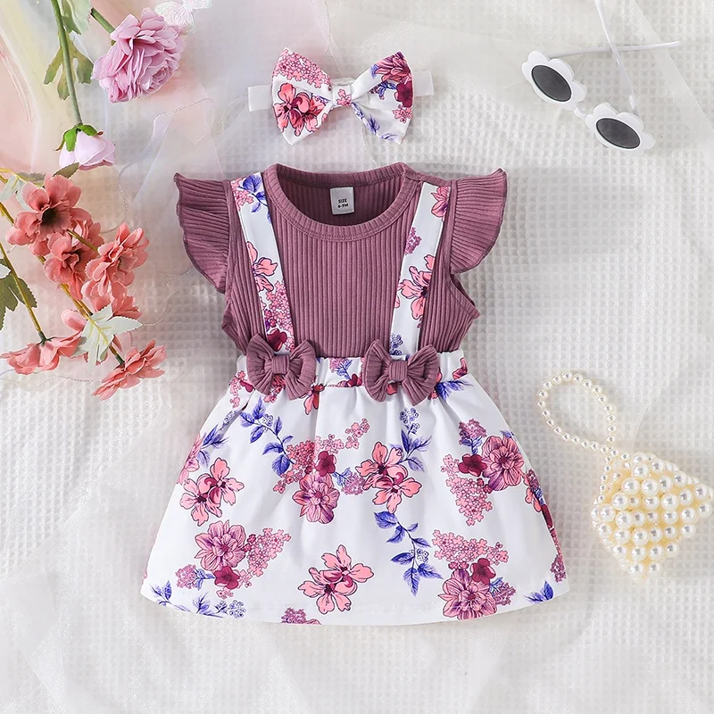 Dress For Kids Newborn 6-36 Months Birthday Purple Short Sleeve Cute Floral Princess Formal Dresses Ootd For Baby Girl