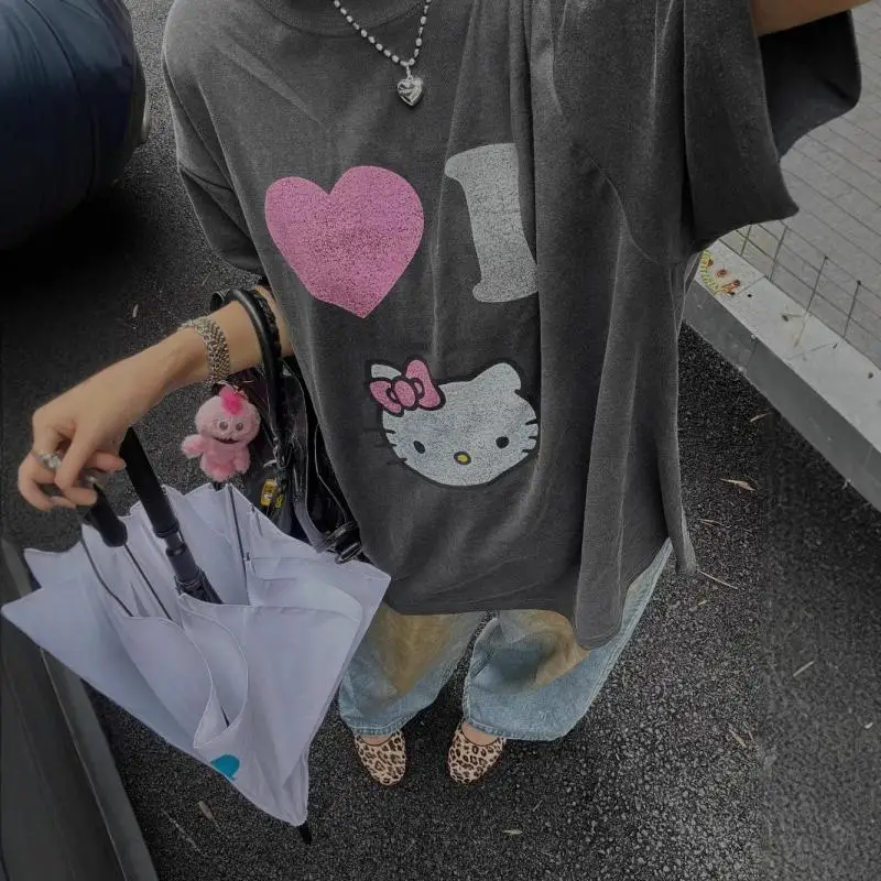 

Sanrio Hello Kitty T-Shirt Cartoon Originality Printing Loose Round Neck T-Shirt Fashion Comfort Leisure Versatile Tops Gifts