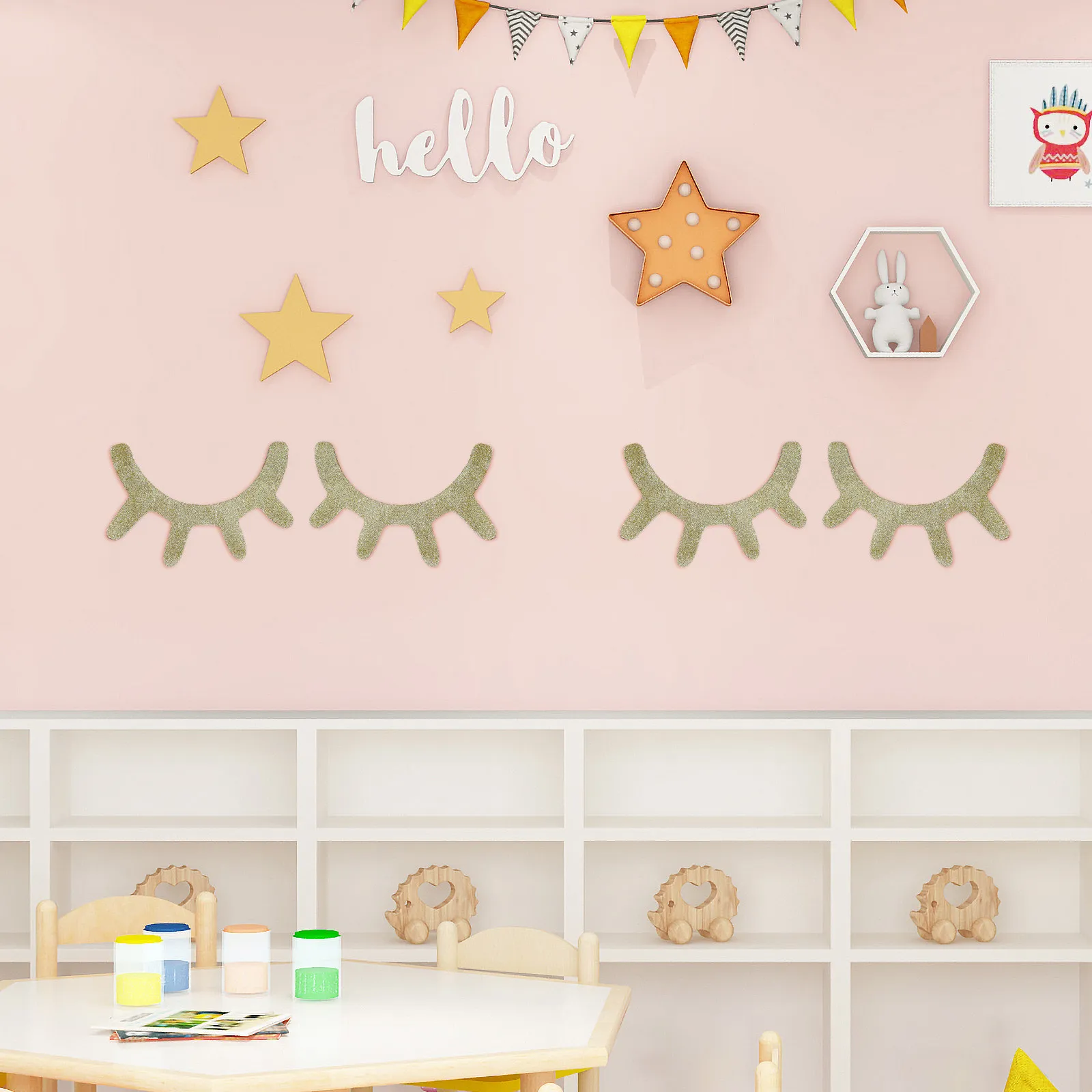 

1Pair Nordic Style Sleepy Eyes Wall Stickers 3D Wooden Eyelash Decals for Bedroom Nursery Room Living Room Golden Shiny