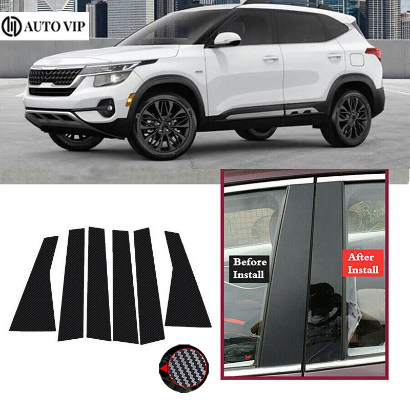 6Pcs Car Door Window Pillar Posts Trim Cover Sticker Glossy Black Exterior Parts for KIA Seltos carbon fibre 2020-2023accessorie