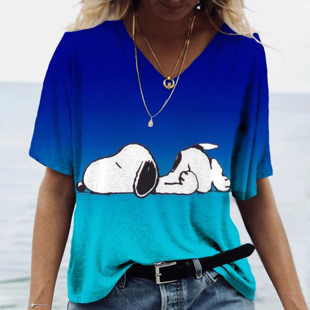 Fashionable Women\'s T-Shirts Cute Snoopy print Girl Summer Harajuku Loose Casual Clothing Kawaii V-Neck Short Sleeve T-Shirts