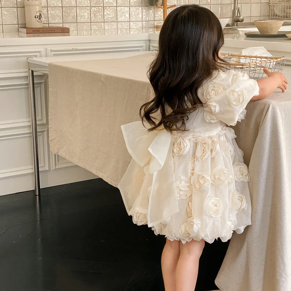 Kids Flower Girl Dresses for Wedding Beige White Bridesmaid Birthday Party Evening Elegant Luxury Gown Children Photoshoot Dress