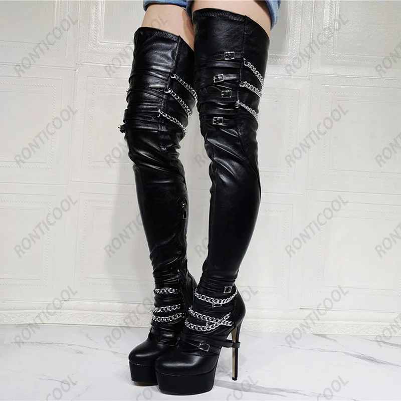 

Ronticool Handmade Women Spring Platform Thigh Boots Side Zipper Stiletto Heels Round Toe Black Cosplay Shoes Us Plus Size 5-20