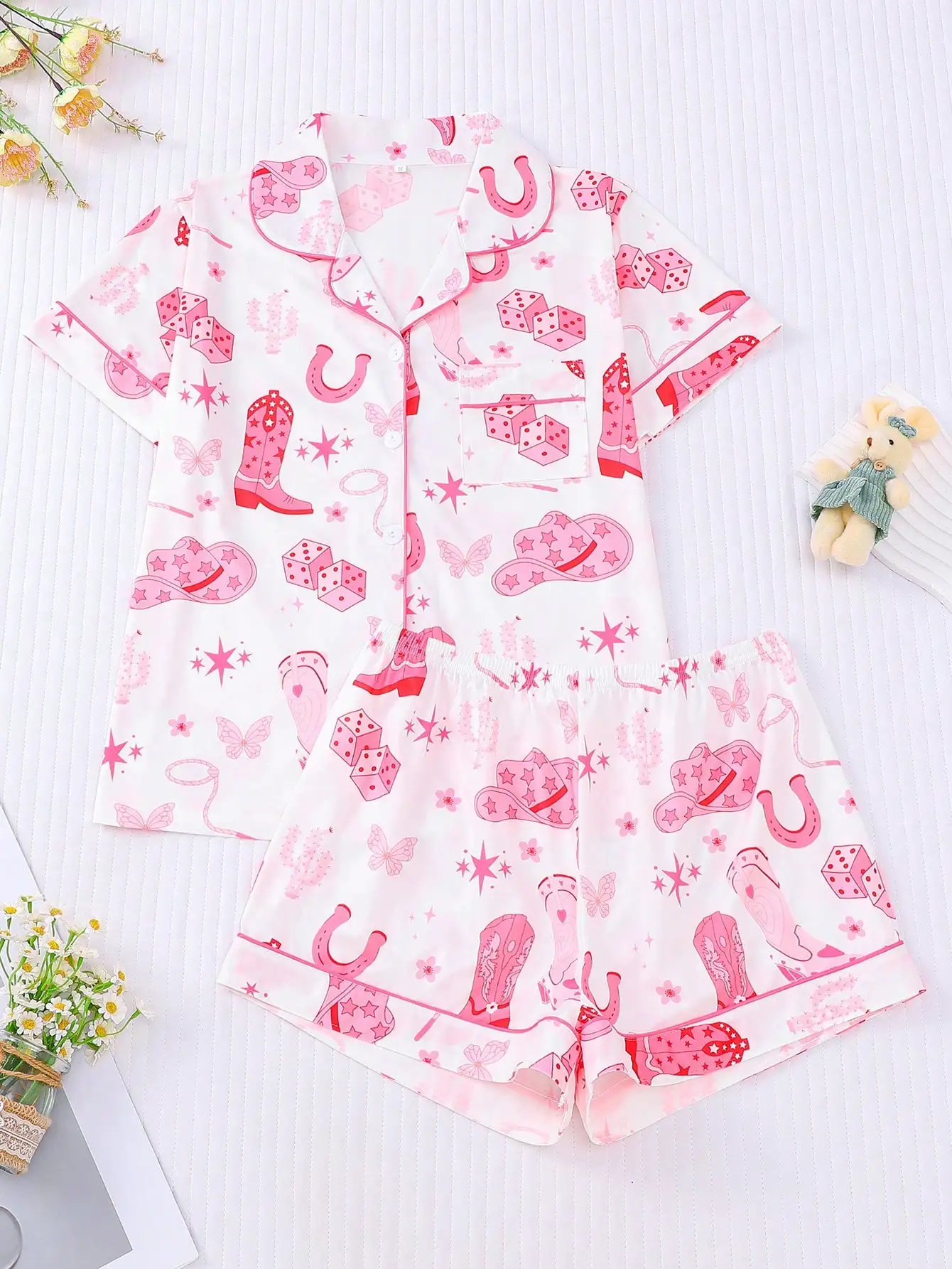 

Pink Western Motif Print 2-Piece Pajama Set - Short Sleeve Button-Up Top & Elastic Waist Shorts