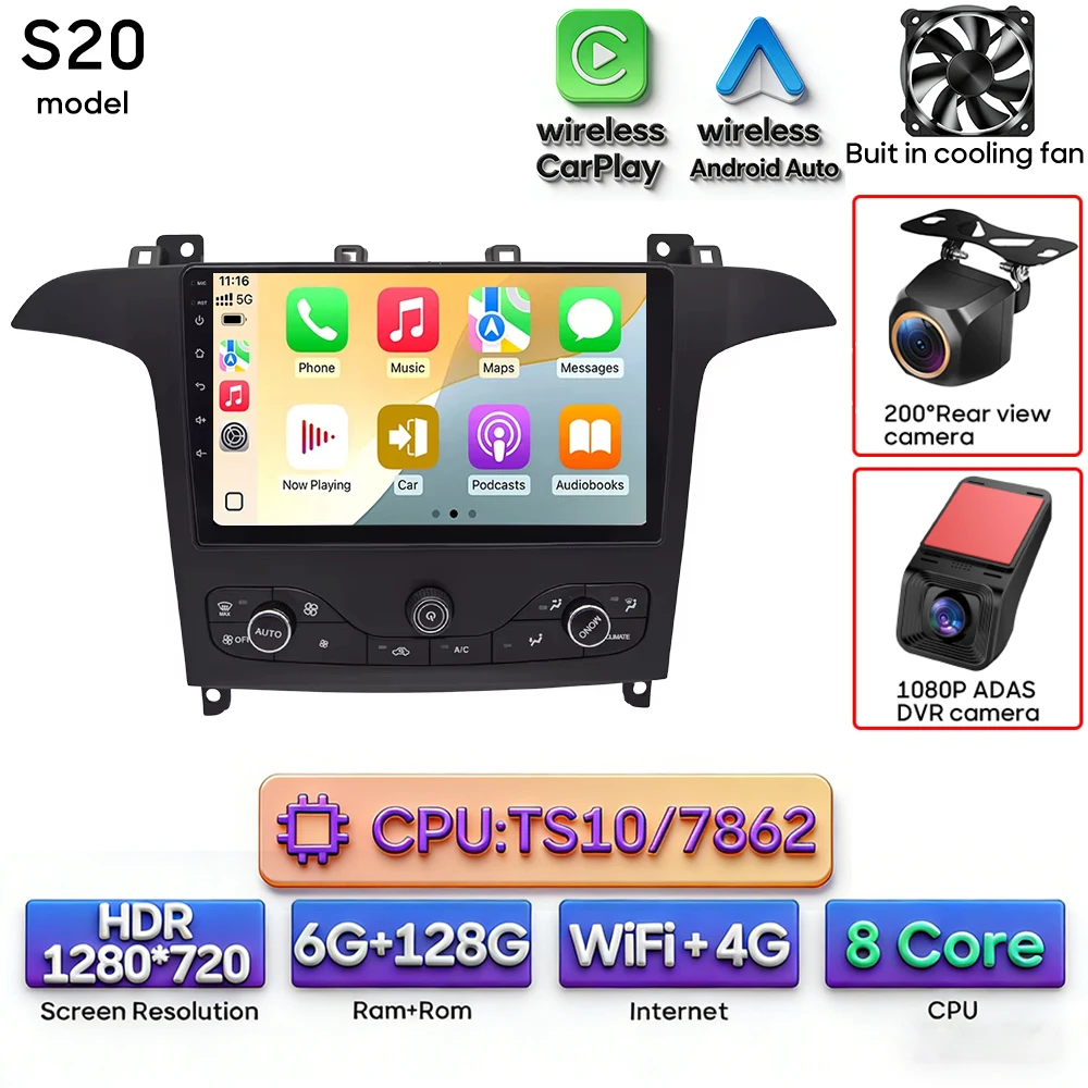 Android 16 voor Ford S-Max S-MAX 2006 - 2015 voor Ford Galaxy 2014 Auto Multimedia Speler Carplay Radio Video Navigatie GPS 2din - afbeelding 1