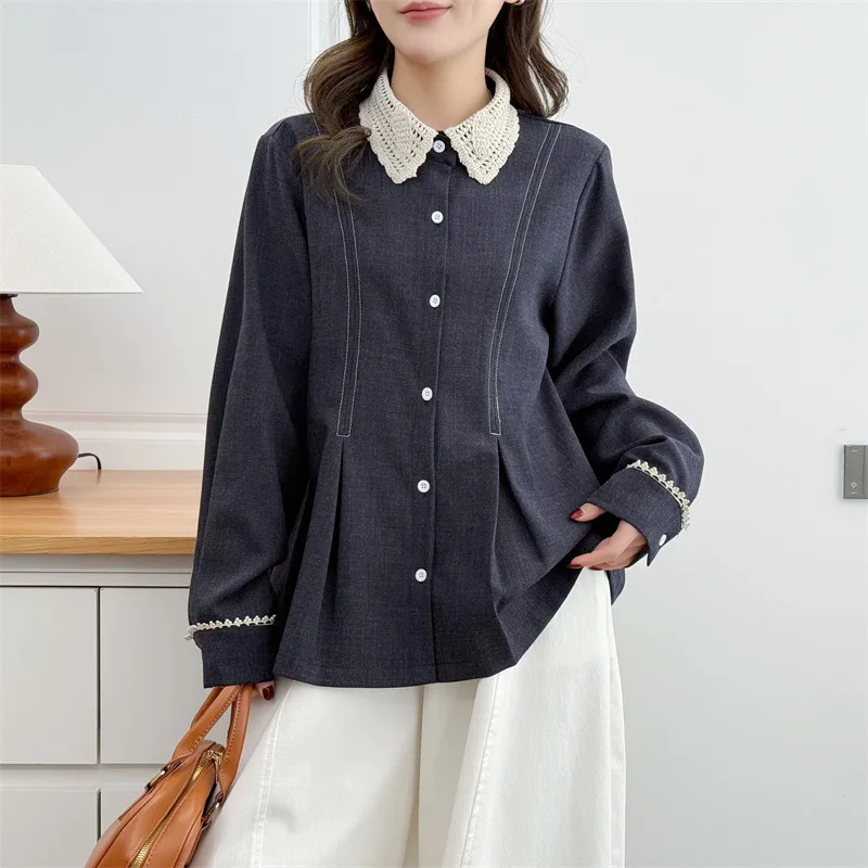 XXXXL Mode Übergrößen Damenbekleidung Blusen 2026 Frühling und Herbst Spitzenkragen Taillierte Langarm-Bluse 353