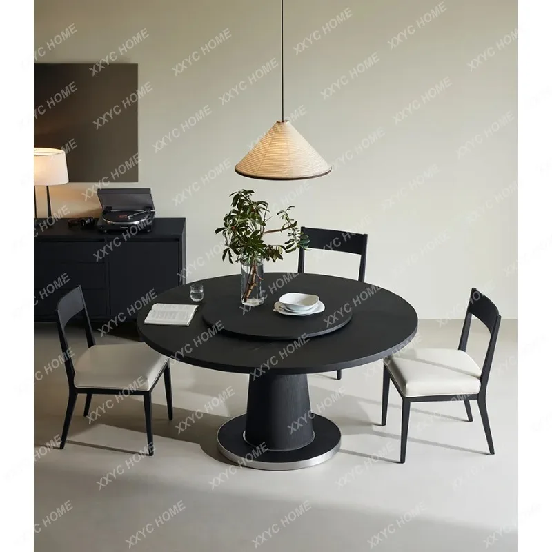 XXRound dining table Solid wood wabi **** black dining table and chair combination with turntable Household dining table