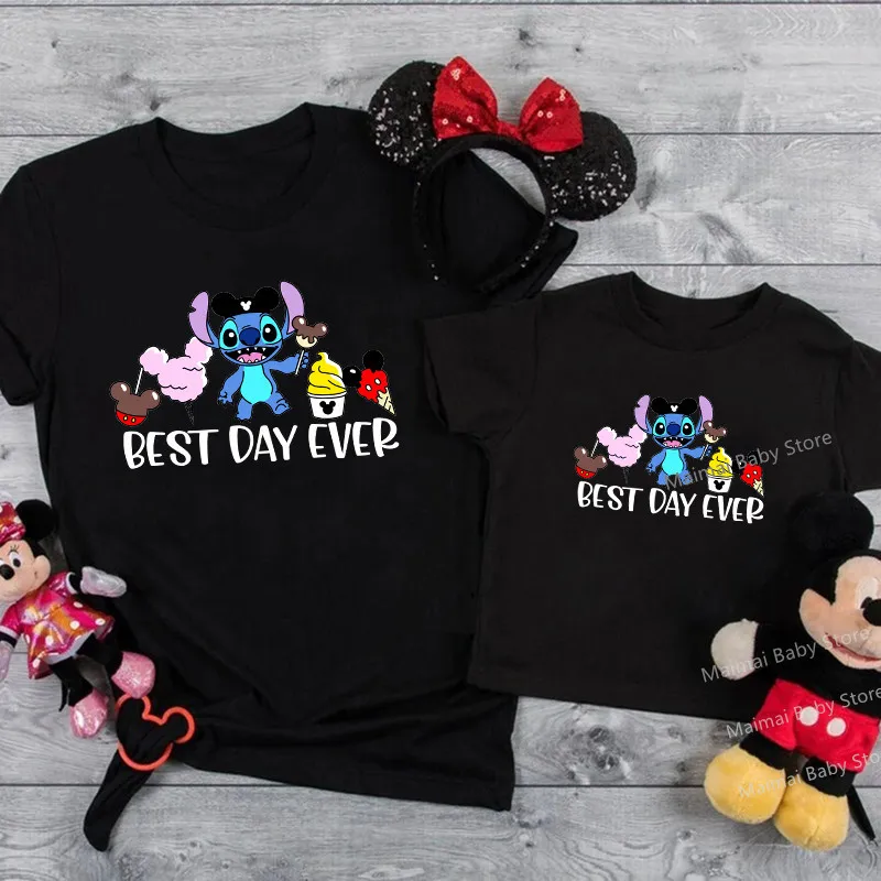 New Disney Stitch Best Day Ever Print Family Matching Shirts Cotton Dad Mom Kids Tshirt Baby Rompers Funny Family Look Outfits