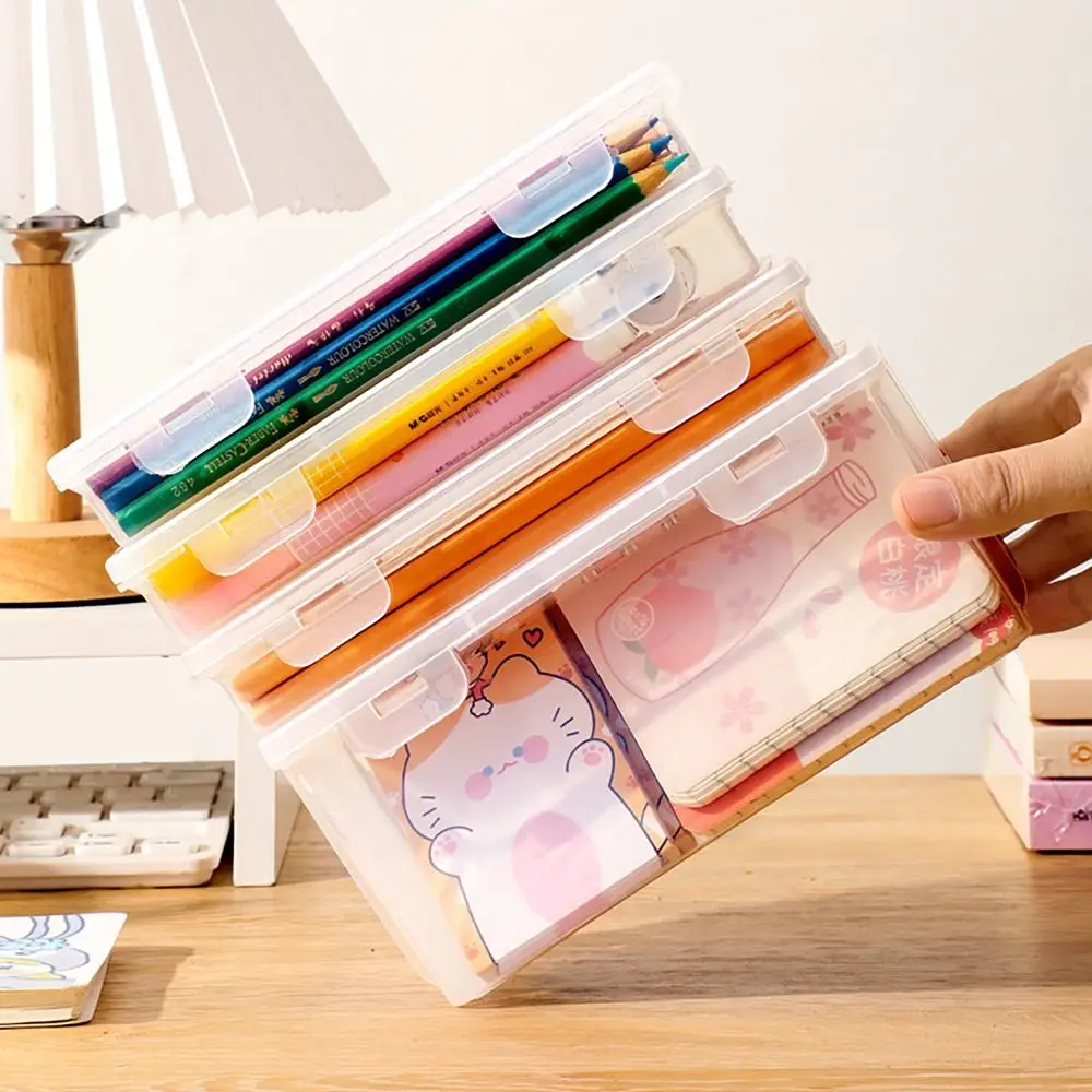 Large Capacity Stationery Storage Box Transparent Desktop Organizer Pen Pencil Case Stationary Supplies Pen Holder School Office