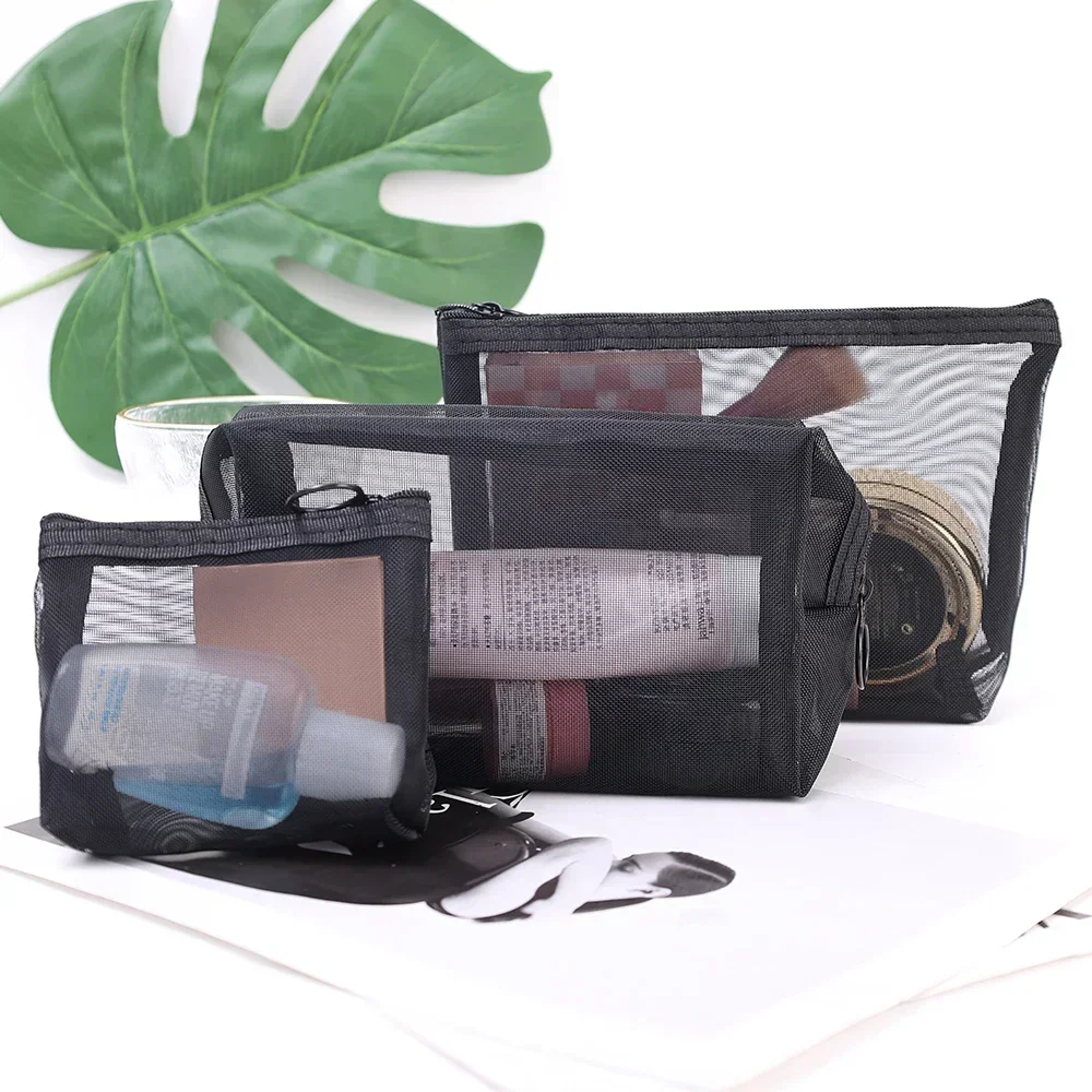 Sacs à cosmétiques transparents en maille, petite et grande trousse de maquillage noire, trousse de toilette de voyage portable, trousse de rangement pour rouge à lèvres, poudres, 1 pièce, 3 pièces