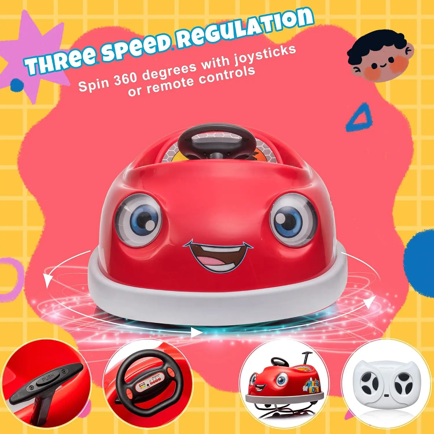 12V Dual Battery Electric Ride on Kids Bumper Car w/Remote Control,360 Degree Spin,Push Rod Rocker Horse Function,3-Speeds Babie