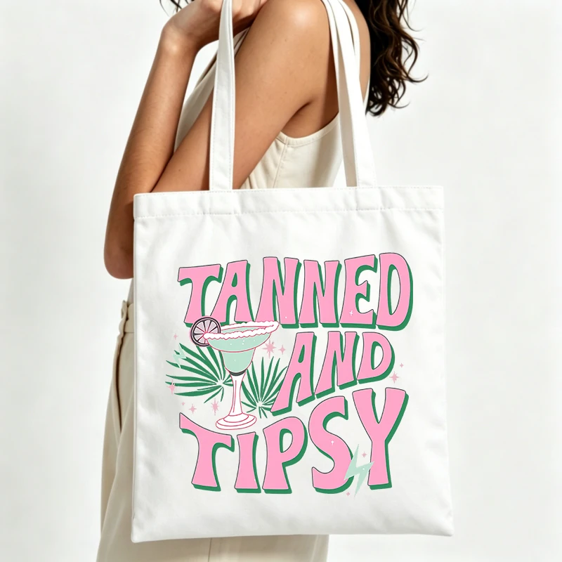 cocktail and palm leaf graphic canvas tote bag, casual summer beach and shopping use