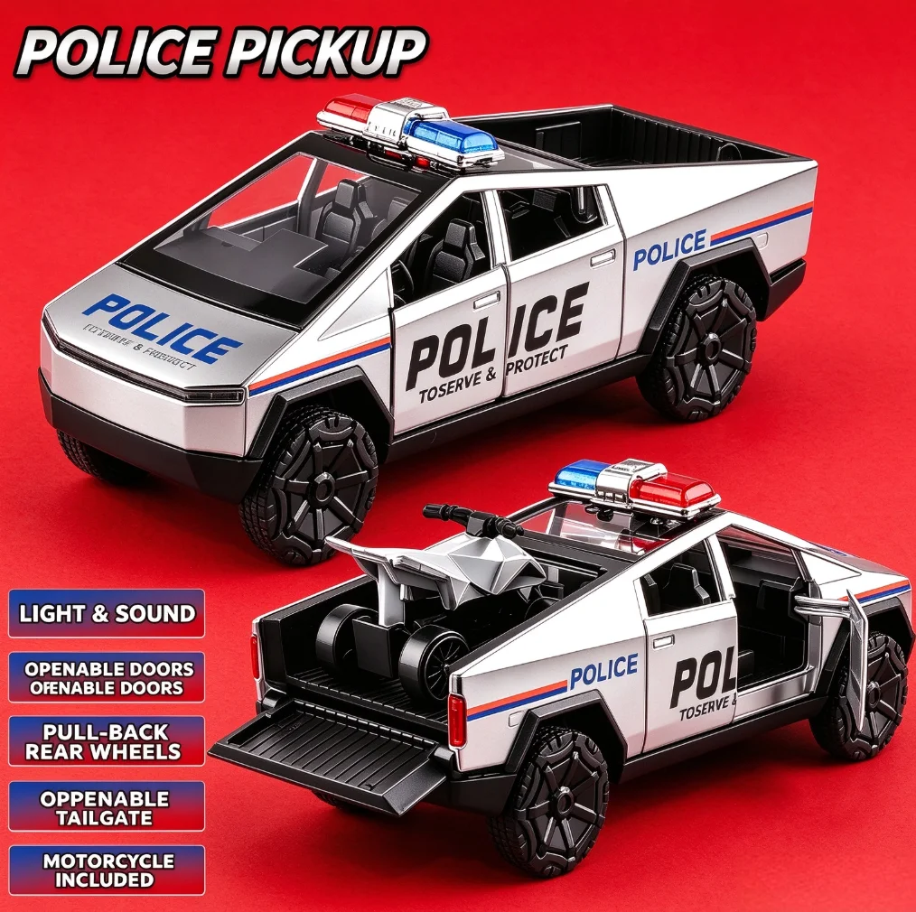 1/36 Scale Future Style Police Pickup Alloy Diecast Set Pull Back Open Doors With Mini All-Terrain Vehicle Car Christmas Gift