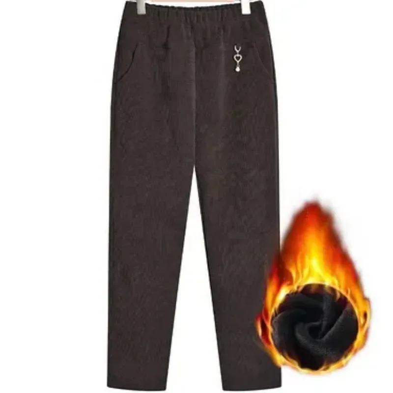 Women's High Waist Corduroy Straight Pants Autumn Winter Fleece Lined Plus Size Trousers For Elderly Mom