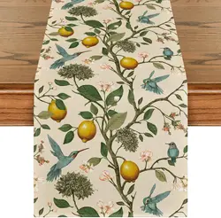 Spring Summer Lemon Tree Bird Flower Linen Table Runner Party Decor Reusable Kitchen Dining Table Runner Wedding Decorations