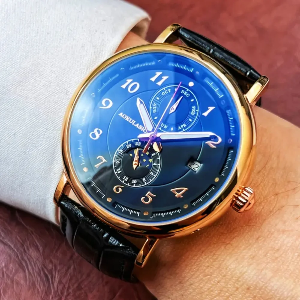 

High-End Business Men's Luxury Mechanical Watch - Round Alloy Case, Calendar Display, Leather Strap, Luminous Hands, Elegant Business Casual Style, Ideal Gift for Men, Mechanical Sports Watch, Durable Watch