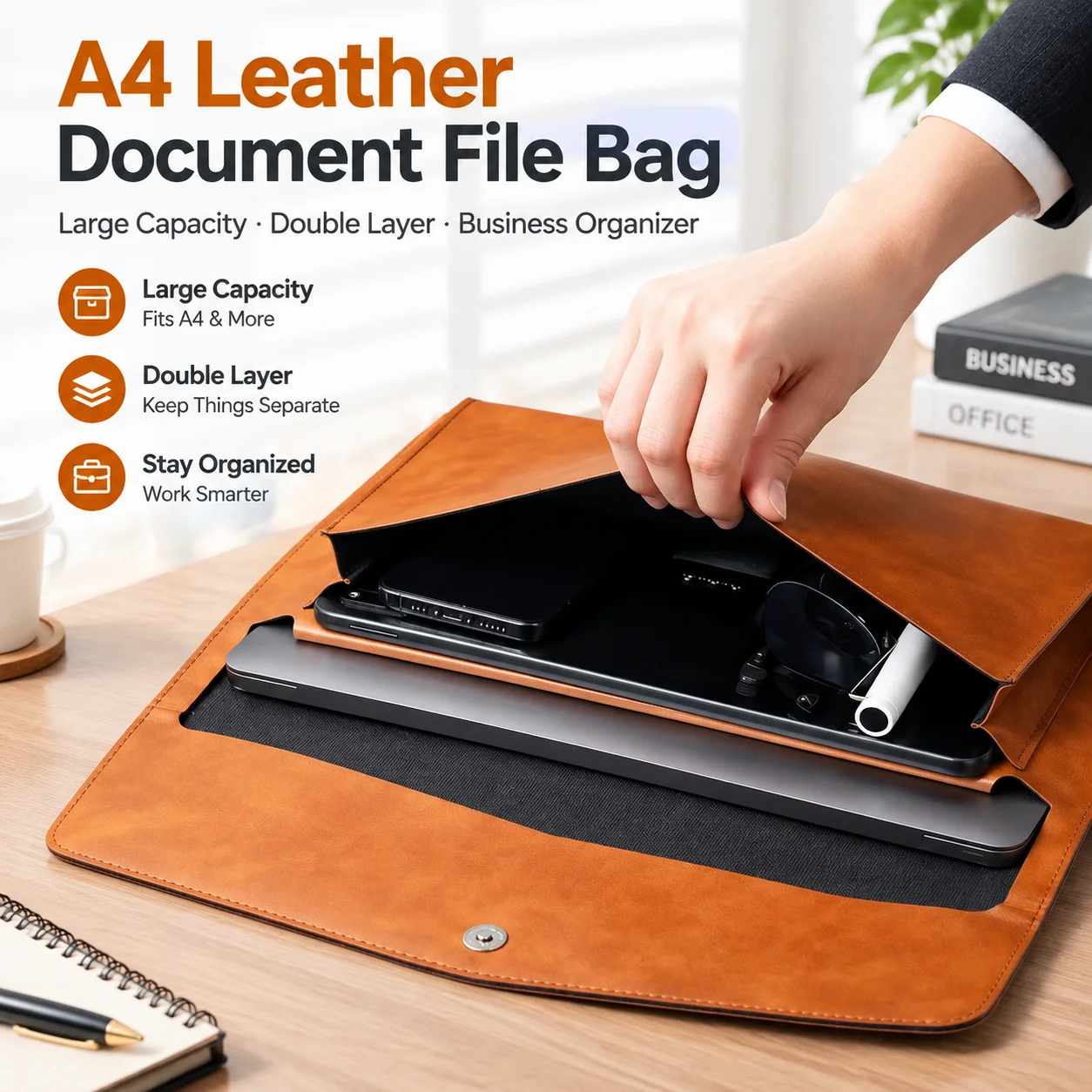 A4 Leather Document File Bag Large Capacity Double Layer Business Briefcase Organizer Storage for Office Work Portfolio