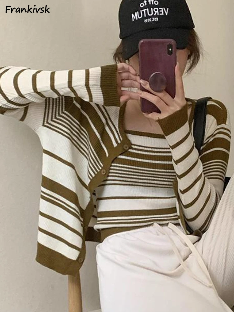 Striped Sets Women Panelled Cardigan Slim Korean Style Office Lady All-match Tanks Leisure Streetwear Stretchy Cropped Knitwear