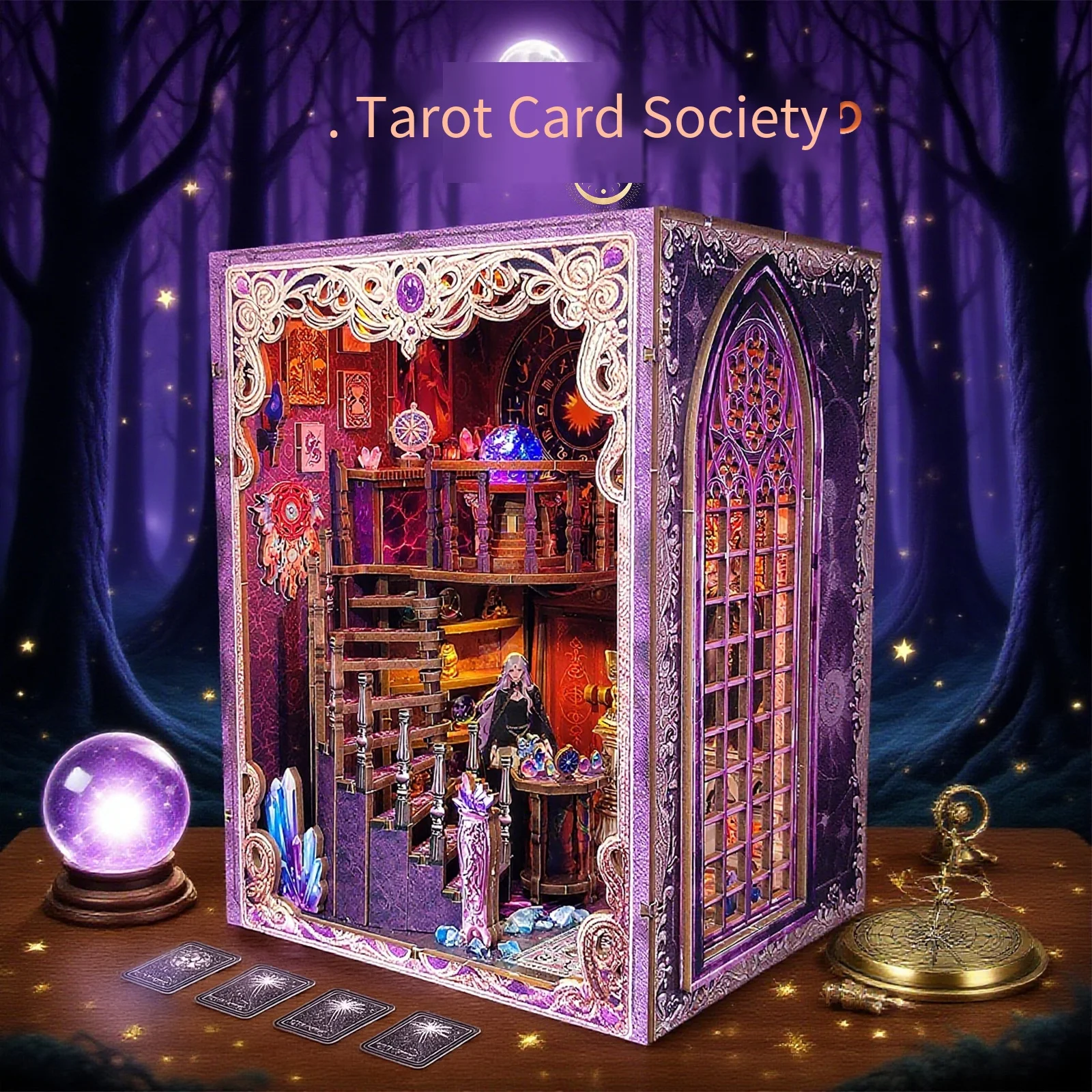Nieuwe Tarot Card Society Book Nook DIY Kit - Handgemaakt puzzelscènemodel, miniatuurhuisspeelgoed voor creatieve montage