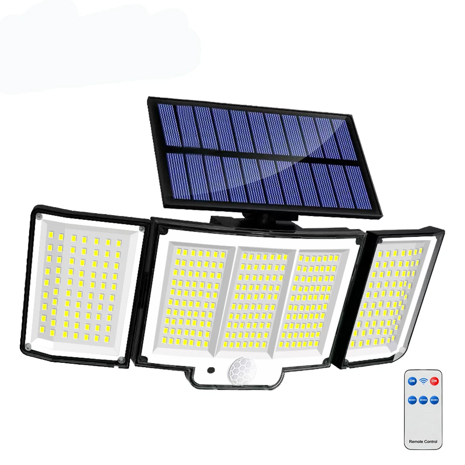 Solar-Außenleuchten mit Bewegungsmelder und Fernbedienung, 3 Beleuchtungsmodi, IP65 wasserdicht, 348 LED Solar-Sicherheitsleuchten, 3-Kopf-Bewegungsmelder-Leuchten für Garage, Scheune und Garten,