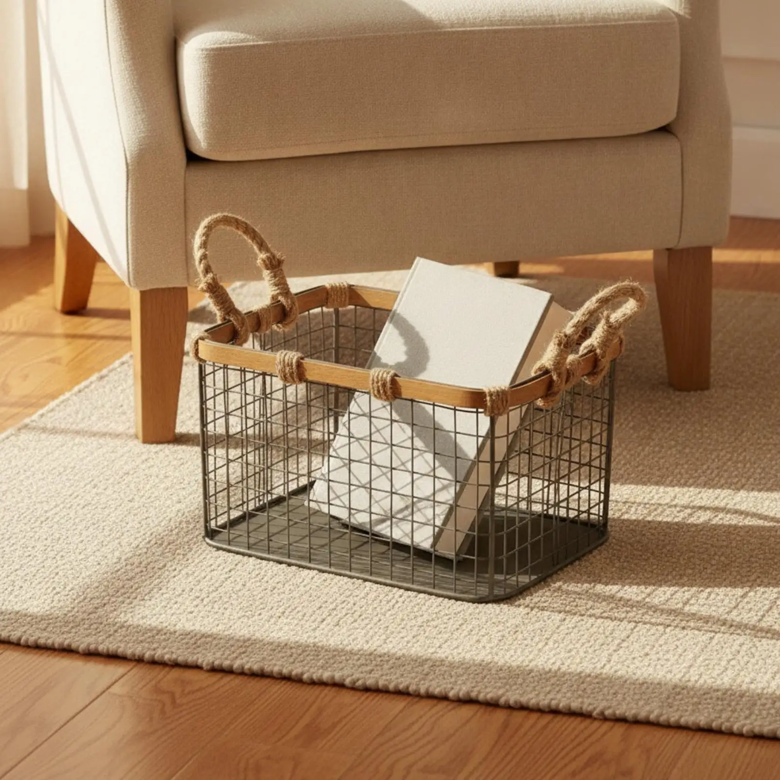 Open Frame Iron Storage Basket Wood Finished Edge for Book Magazine Toy Laundry Basket Bedroom Pantry Use