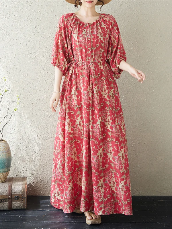 

Loose Fit A-Line Maxi Dress Ethnic Print Conceals Belly Slimming Long Skirt Cotton City Walk Style Button Closure round Neck