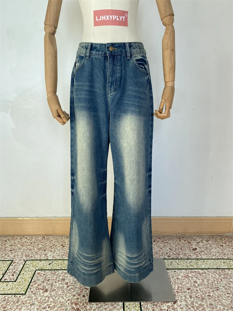 Damskie białe jeansy retro w kolorze niebieskim, proste, codzienne spodnie, spodnie dla cool girl, damskie spodnie z wysokim stanem i szerokimi nogawkami w stylu vintage.