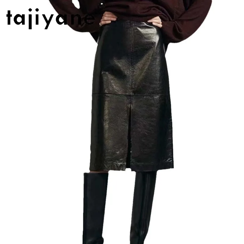 TAJIYANE Spring Women's Skirts Oil Wax Sheepskin Genuine Leather Skirt Straight Skirts for Woman Vintage Midi Skirt Split Front